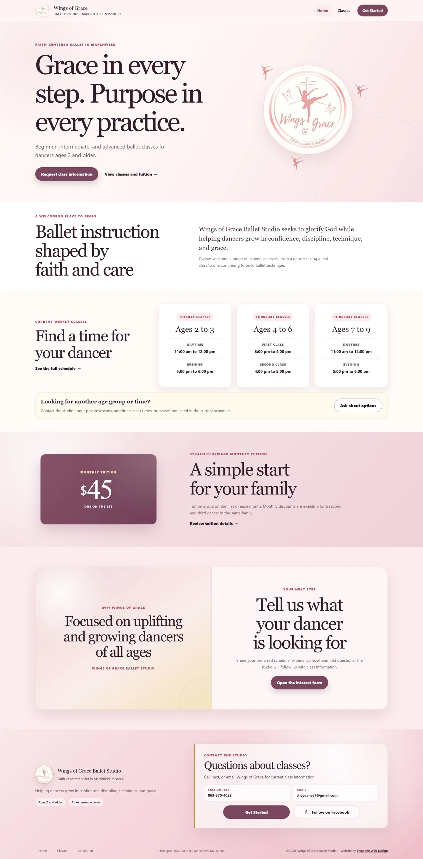 Desktop view of the Wings of Grace Ballet Studio website
